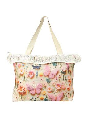 Tigerstars Butterfly Pattern Print Woven Frayed Shoulder Tote Bag